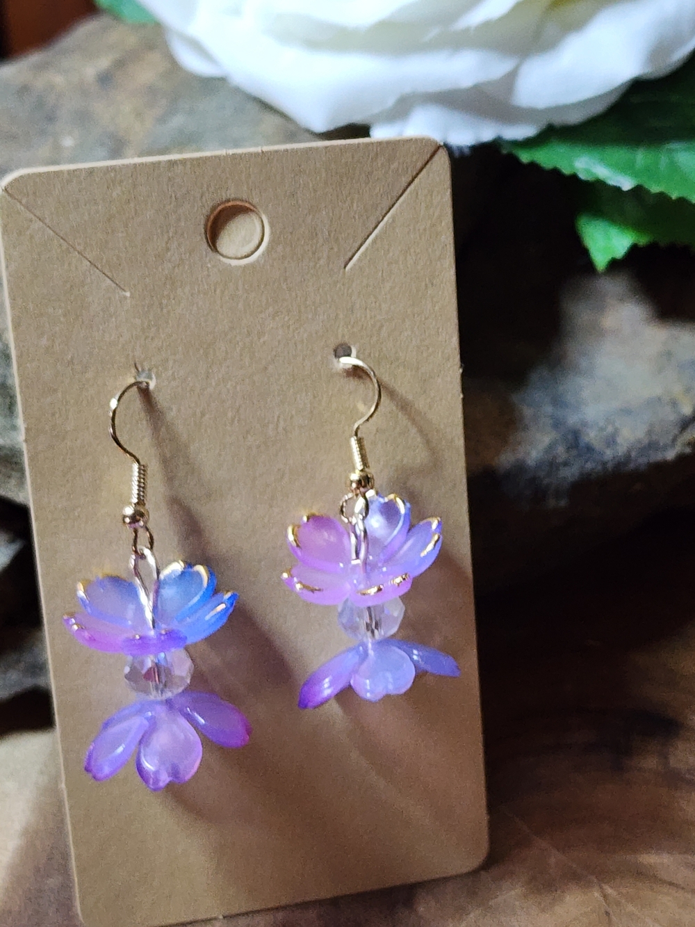 Purple Gradient Flower Cherry Blossom Drop Earrings With AB Clear Glass Beads